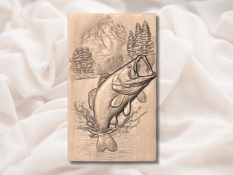 Jumping Bass Fish 3D Relief STL view 3