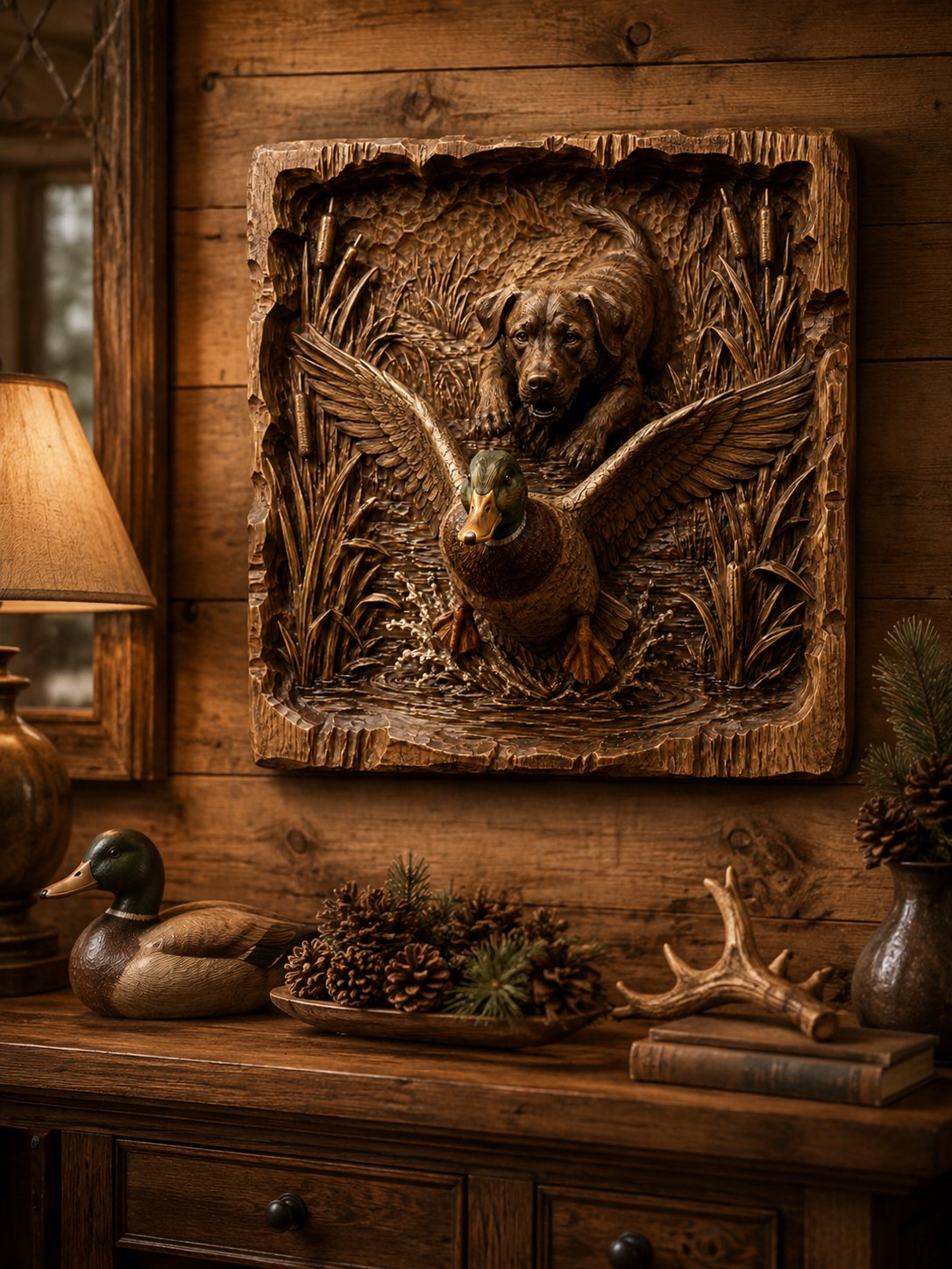 Labrador Hunting Duck Wood Carving Design view 4