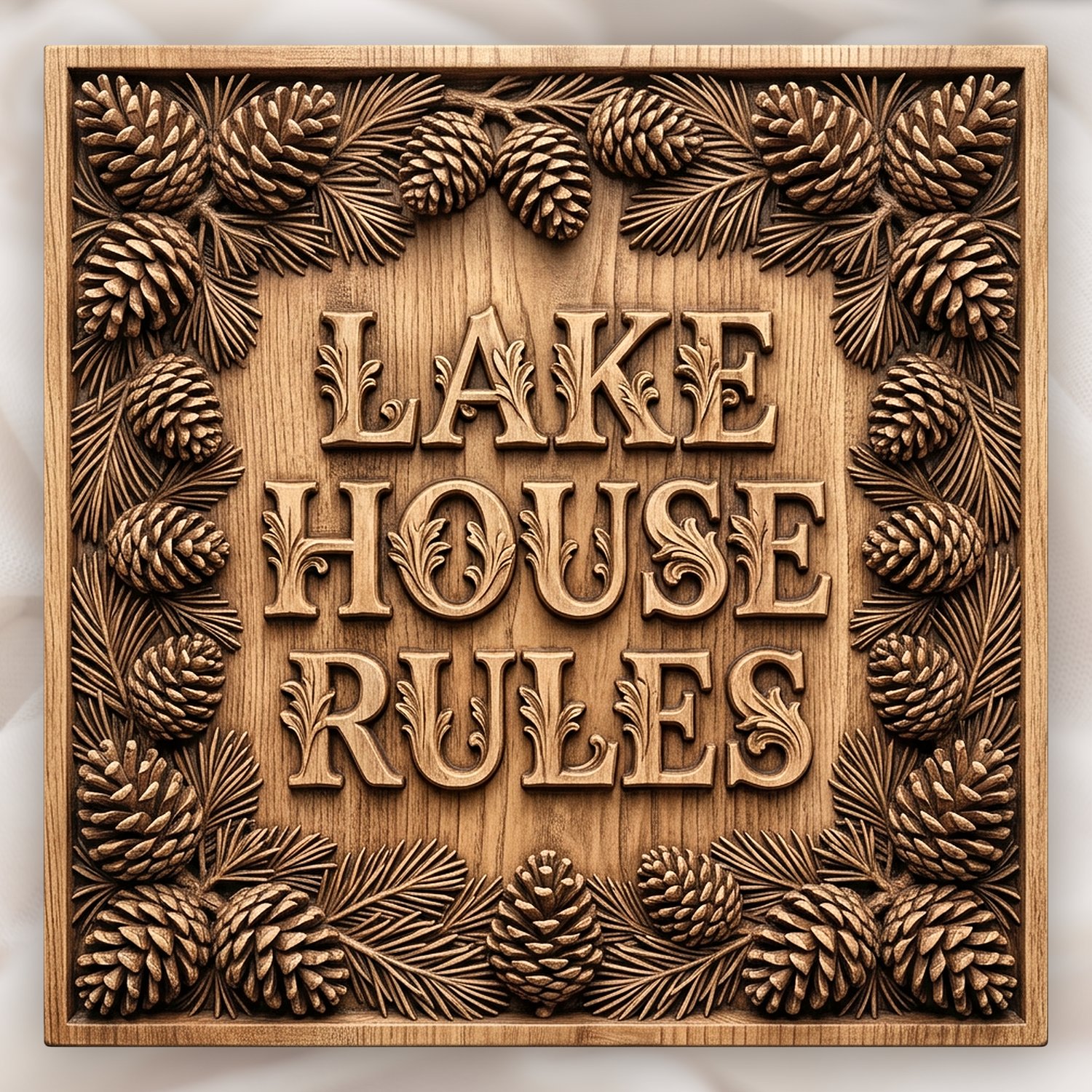 Lake House Rules Pinecone Sign CNC Relief STL