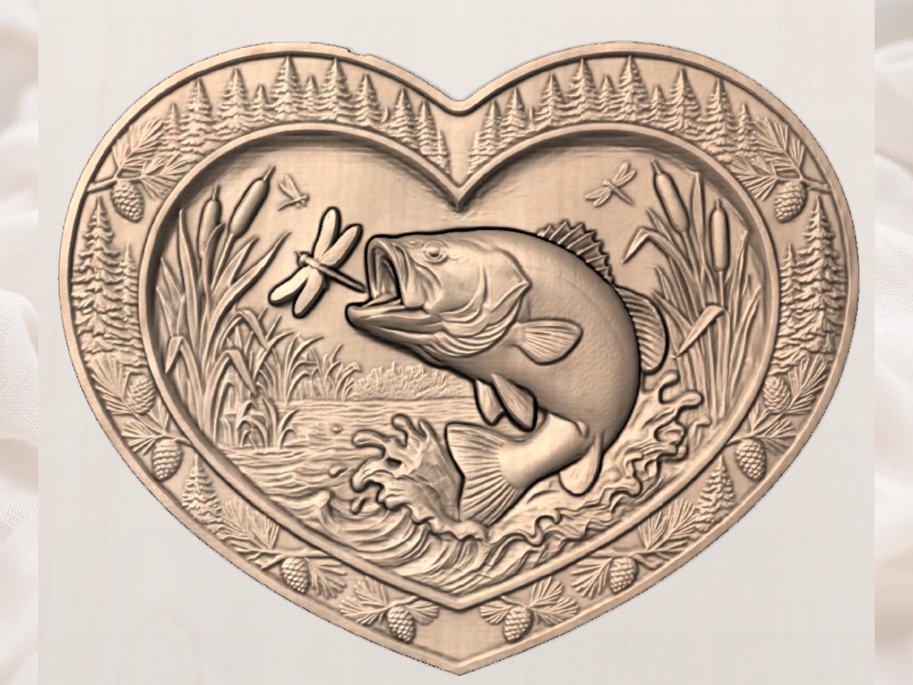 Leaping Bass CNC STL File - Largemouth Bass & Dragonfly 3D Relief for Wood Carving, Vectric Aspire, ArtCAM, Deep Scoop Fishing Panel view 3