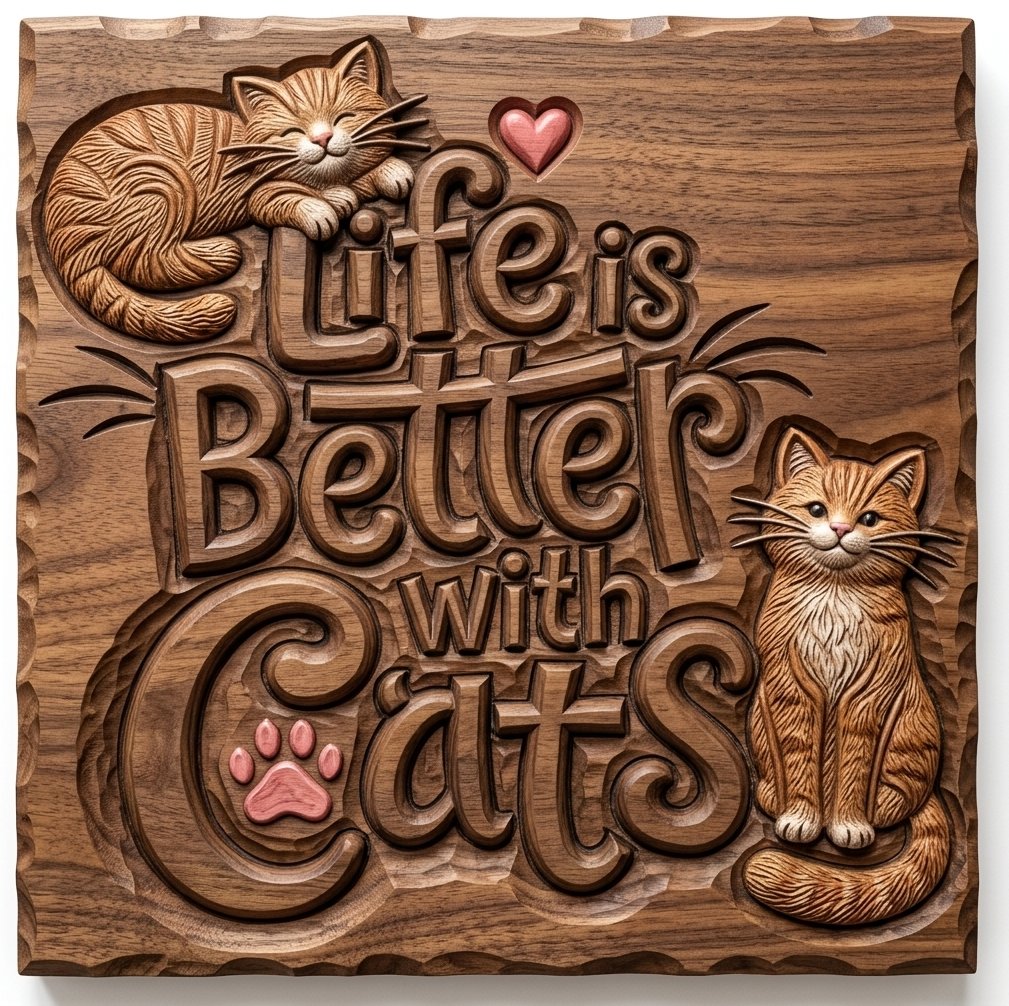 Life Is Better With Cats Sign CNC Relief STL bas-relief STL design