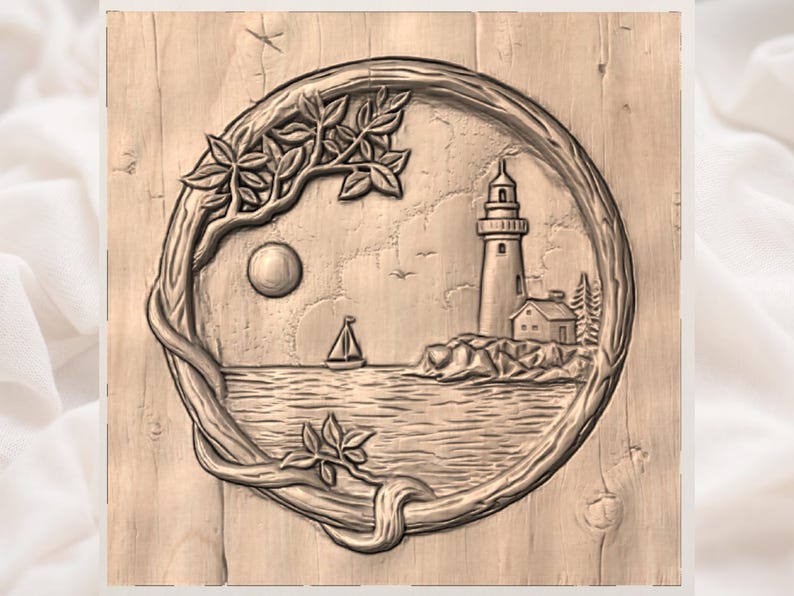 Lighthouse Coastal Scene 3D Relief STL File view 3