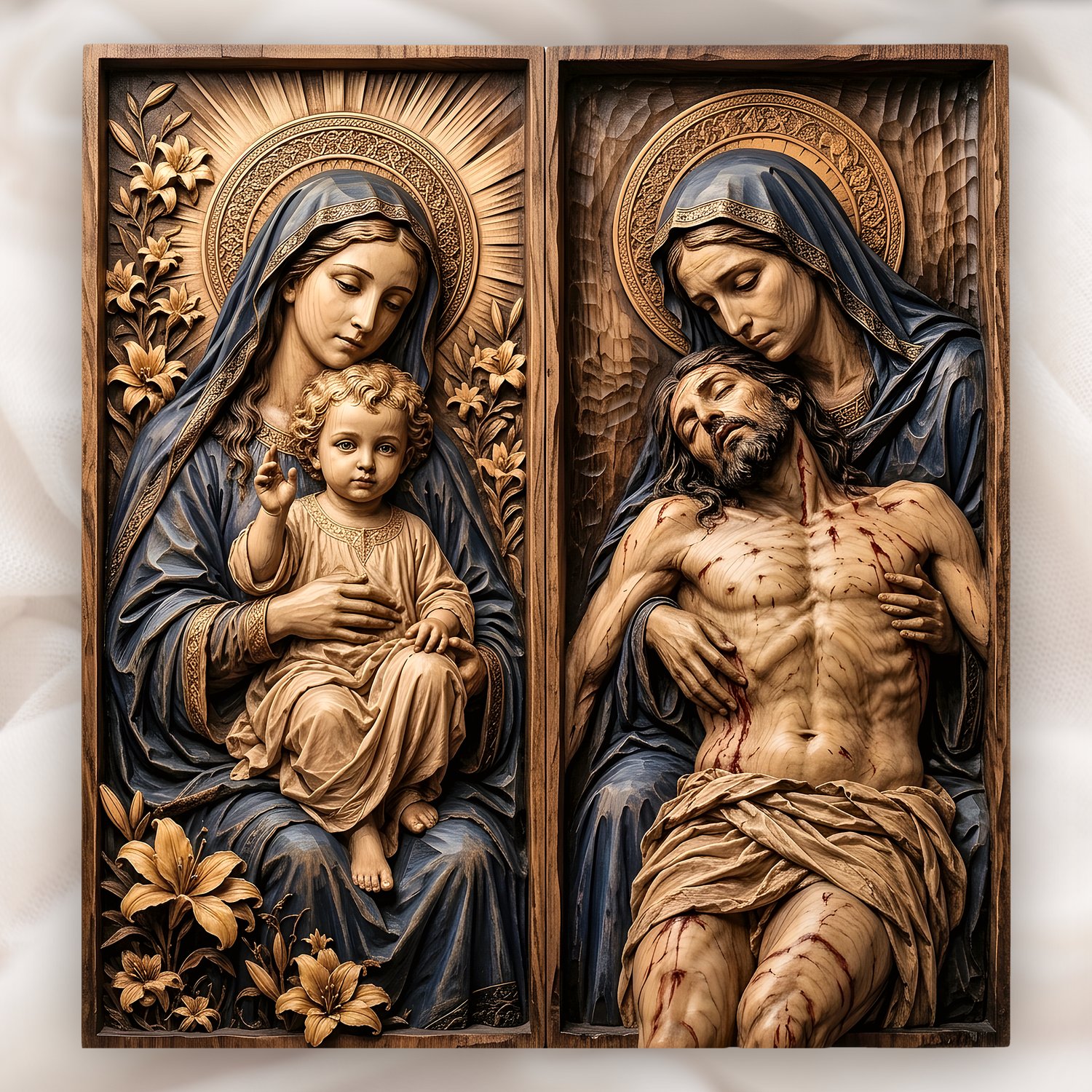 Madonna and Child with Pieta Sacred Diptych CNC Relief STL