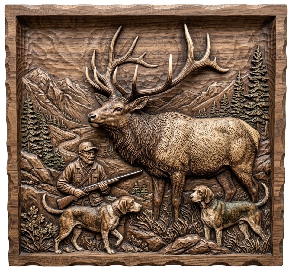 Majestic Elk Hunting Scene CNC Relief STL