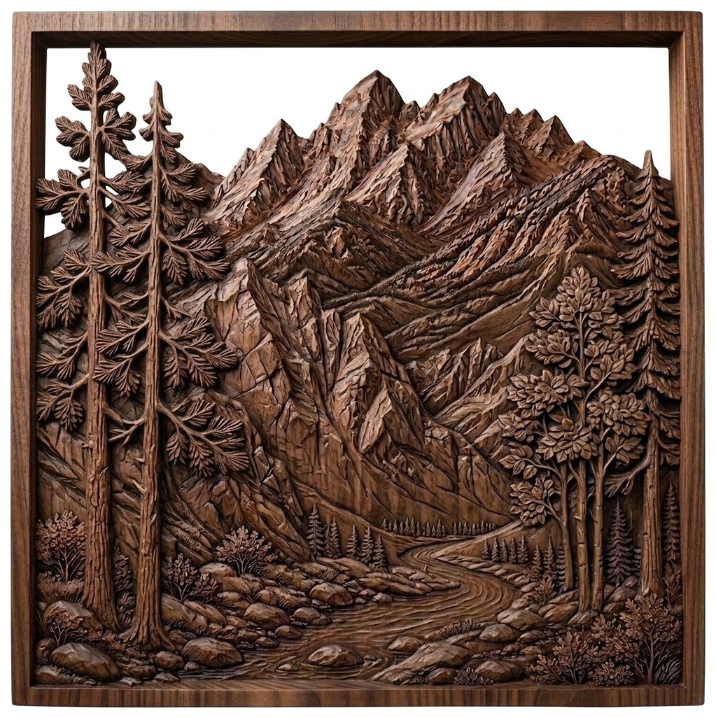 Majestic Mountain Peaks and Pine Forest CNC Relief STL bas-relief STL design