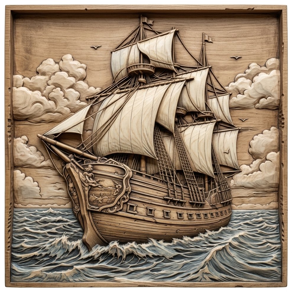 Majestic Tall Ship Nautical Wood Carving CNC Relief STL bas-relief STL design