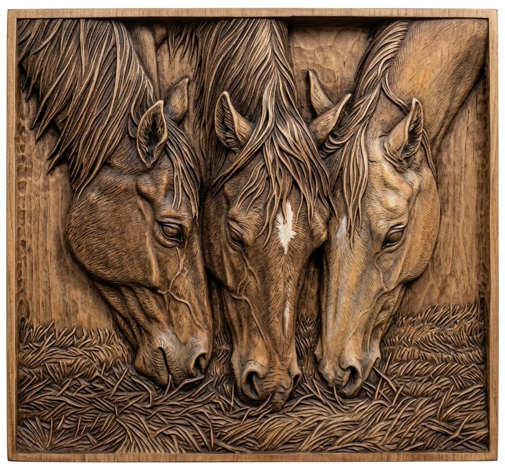 Majestic Three Horses Grazing CNC Relief STL bas-relief STL design