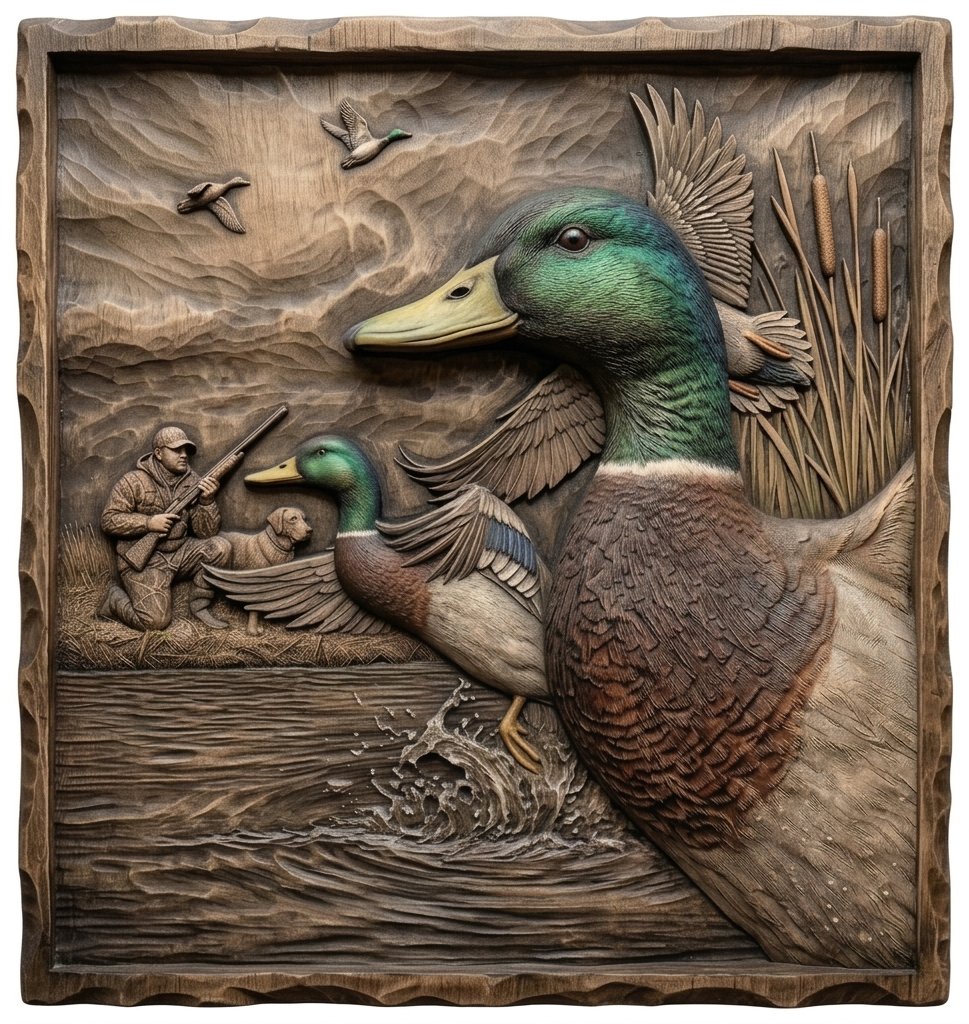 Mallard Duck Hunter & Lab Scene CNC Relief STL view 2