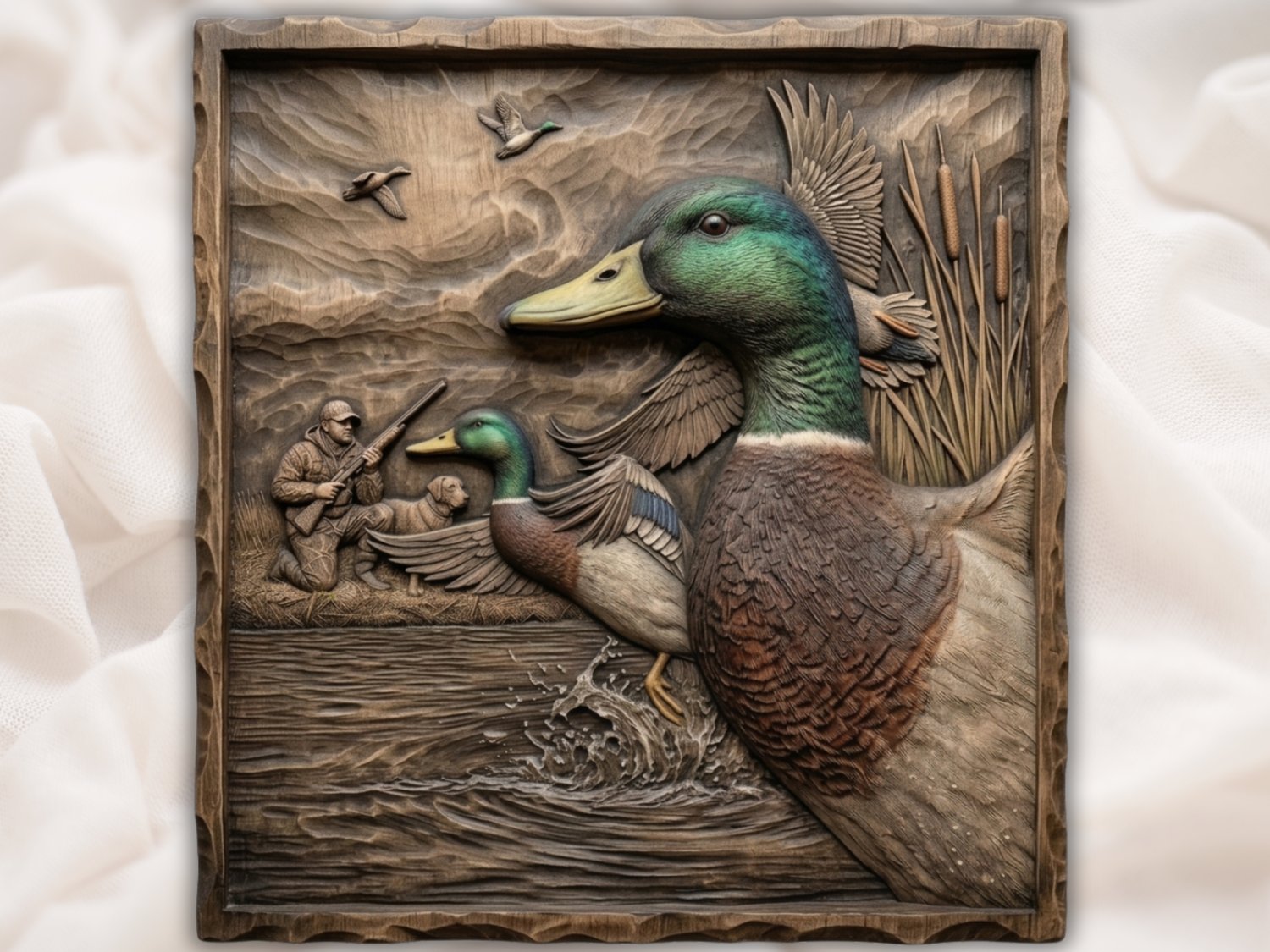 Mallard Duck Hunter & Lab Scene CNC Relief STL view 3