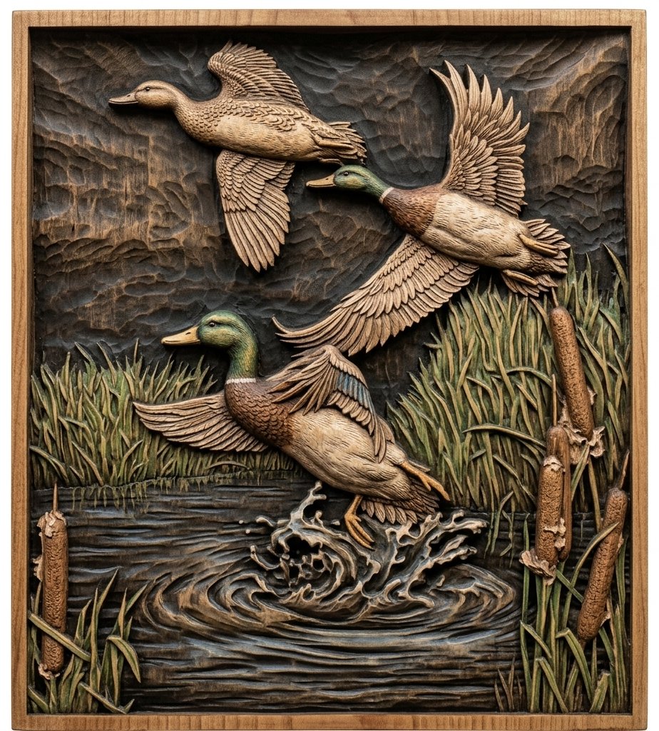 Mallard Ducks Flight Marsh Scene CNC Relief STL view 2