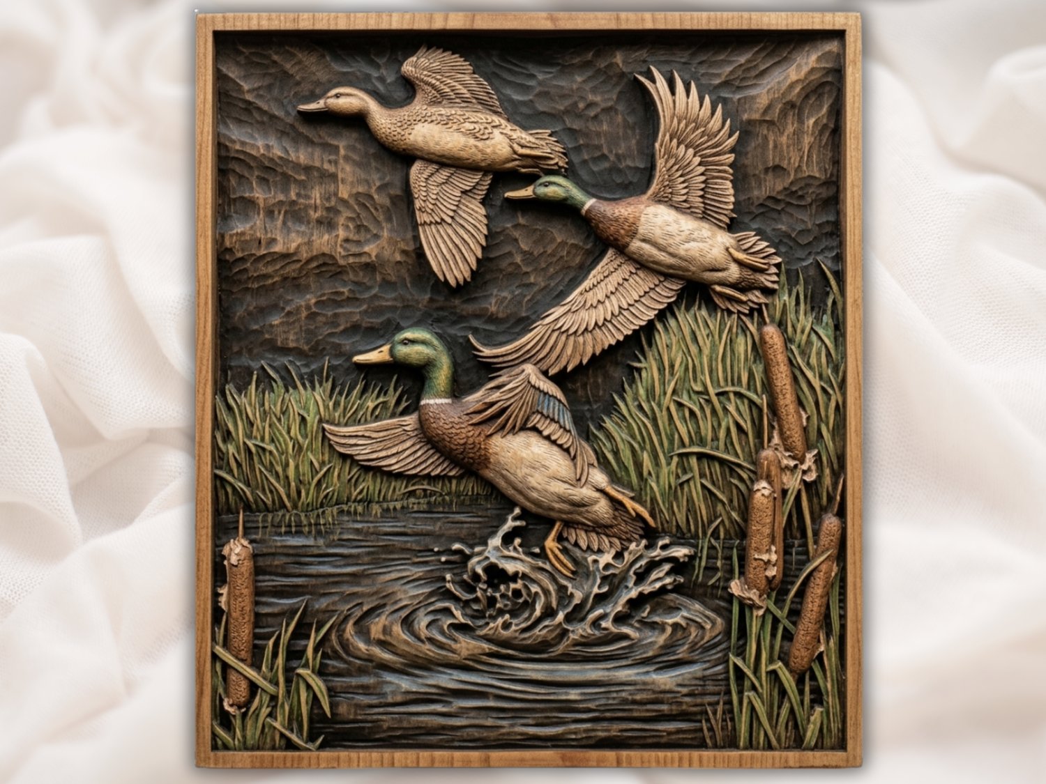 Mallard Ducks Flight Marsh Scene CNC Relief STL view 3