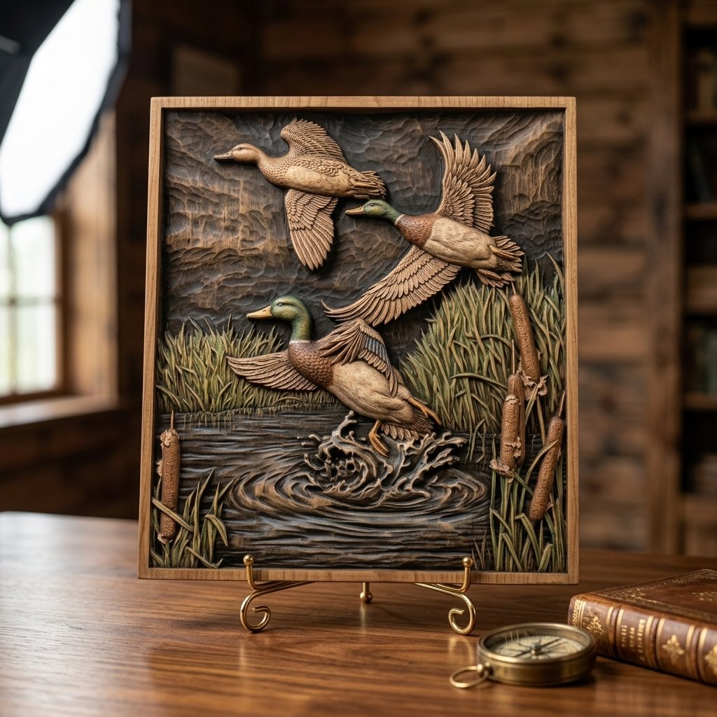 Mallard Ducks Flight Marsh Scene CNC Relief STL view 7