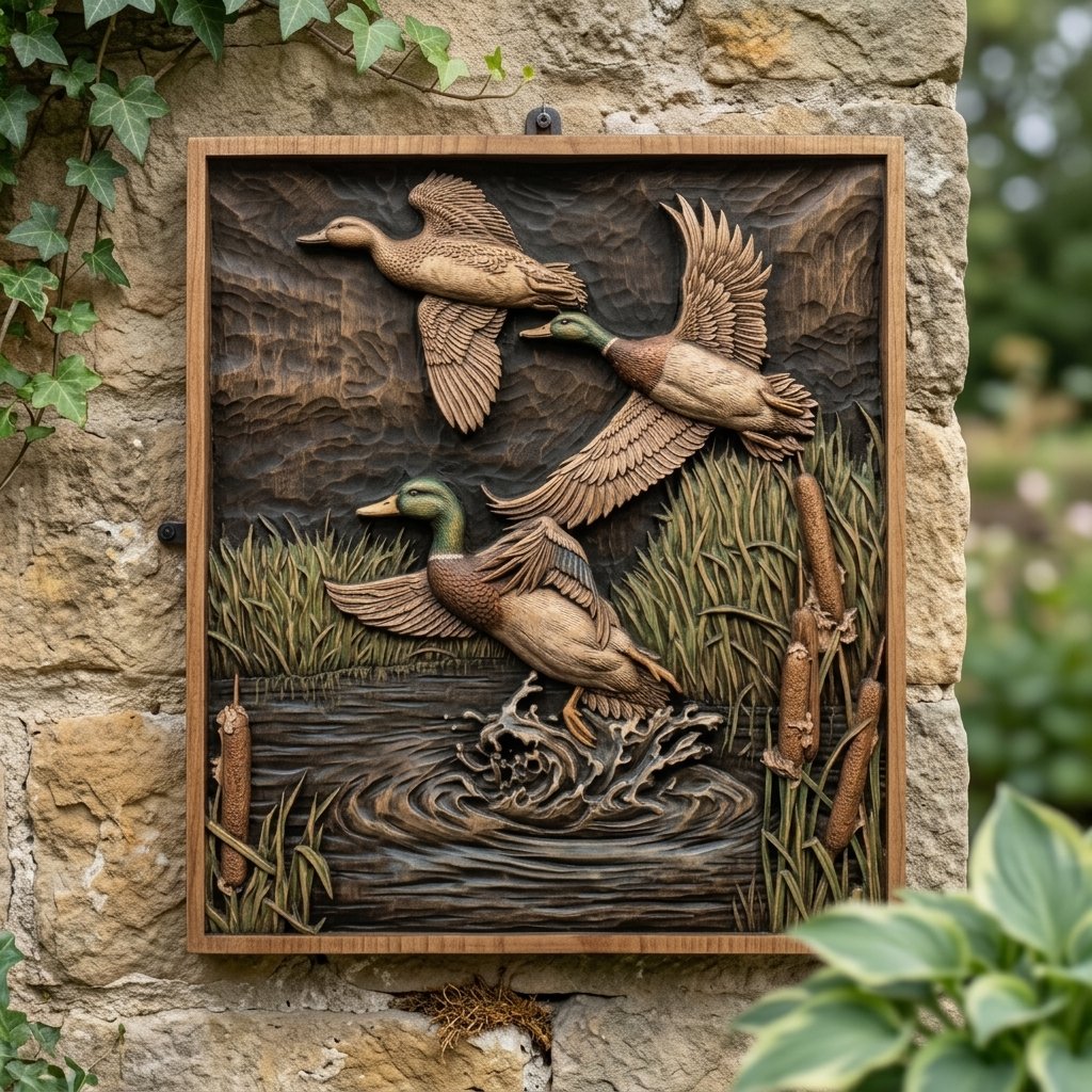Mallard Ducks Flight Marsh Scene CNC Relief STL view 8