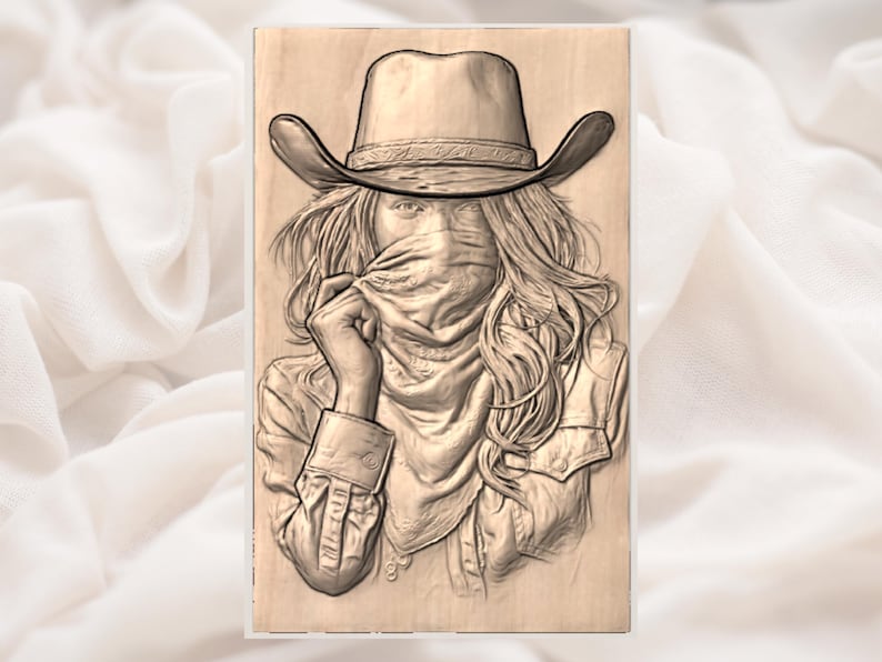 Masked Cowgirl Portrait 3D Relief STL view 2