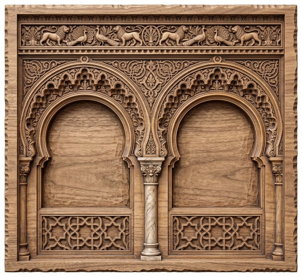 Moorish Alhambra Double Arch Lions and Peacocks CNC Relief STL bas-relief STL design