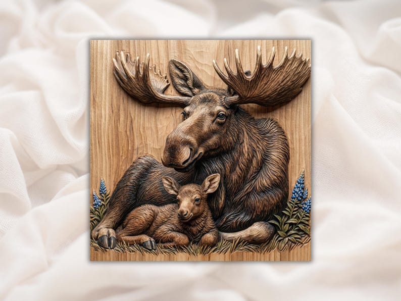 Moose & Calf 3D Relief STL bas-relief STL