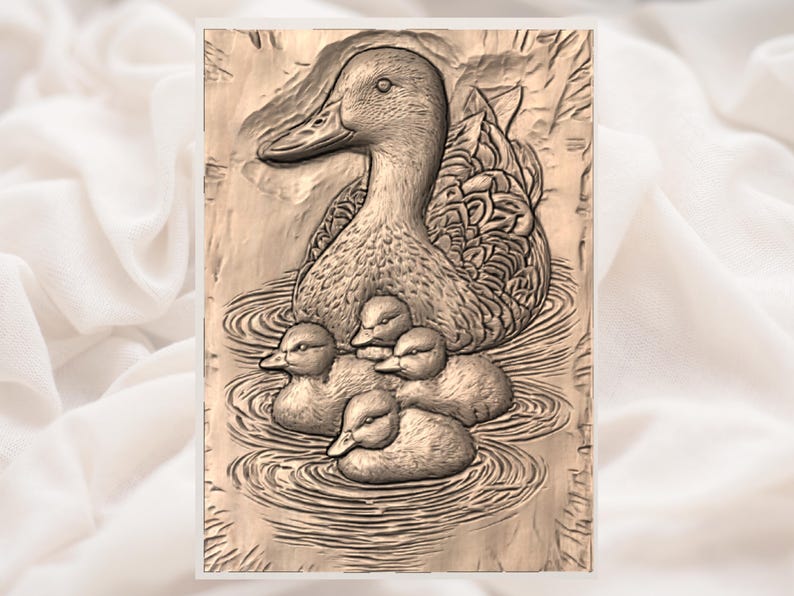 Mother Duck and Ducklings 3D Relief STL view 3