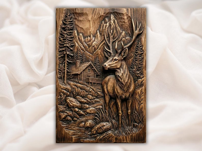 Mountain Deer Cabin Scene 3D Relief STL bas-relief STL