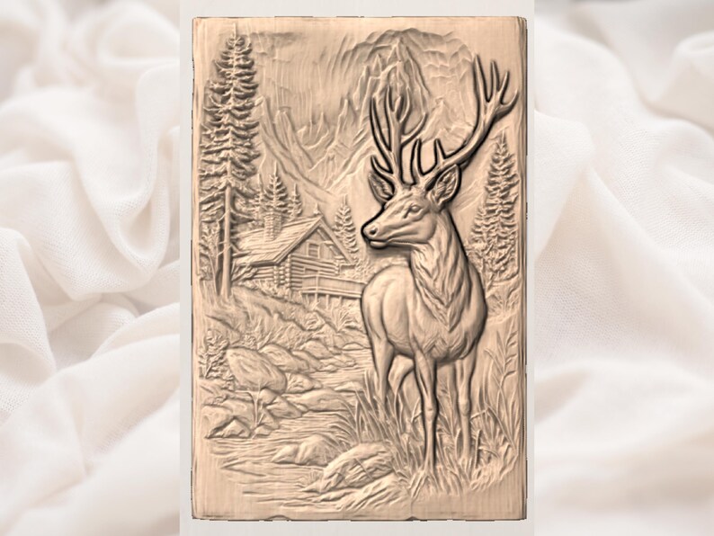 Mountain Deer Cabin Scene 3D Relief STL view 3
