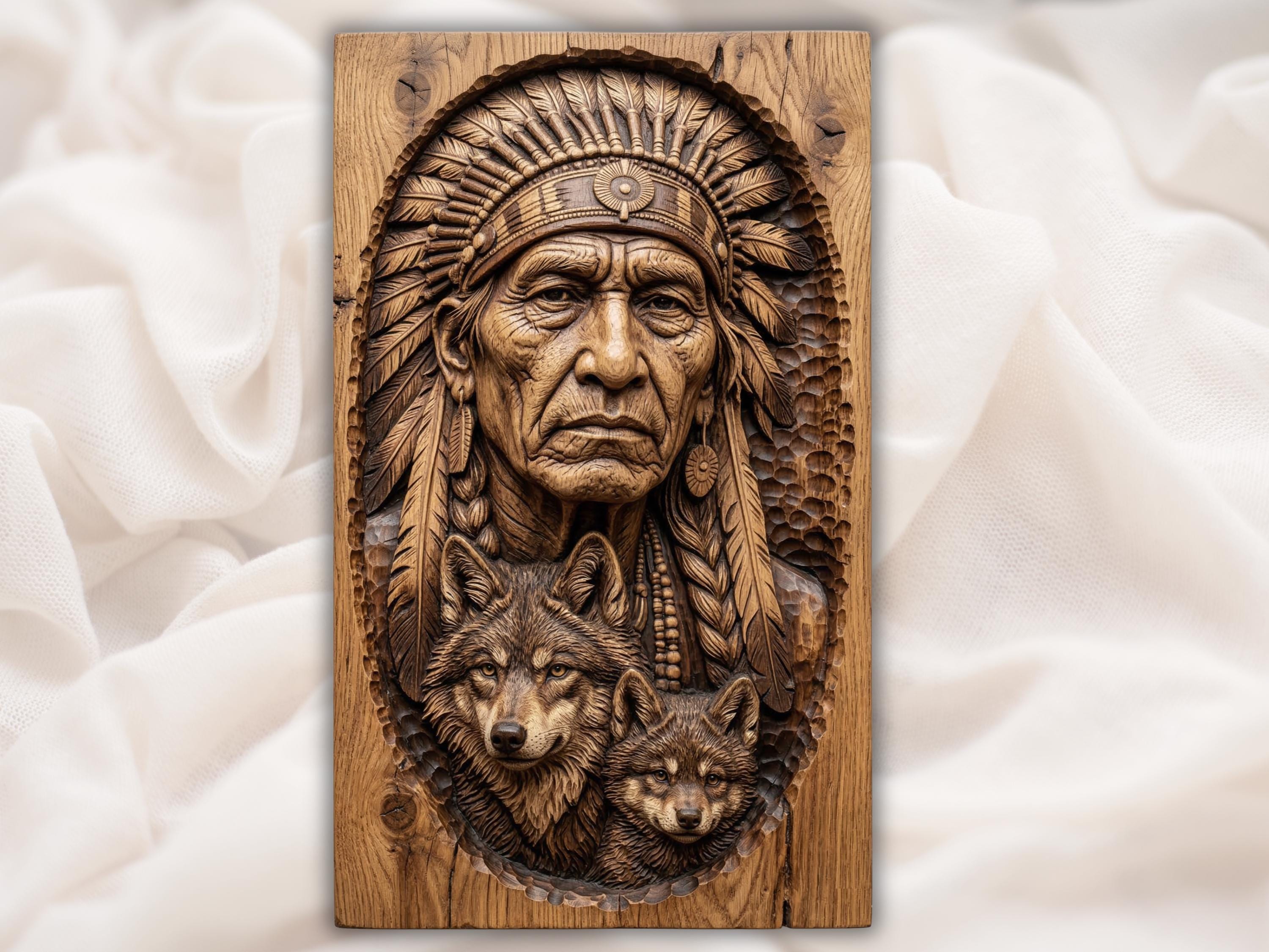 Native Elder with Two Wolves Bas-Relief Carving STL bas-relief STL design