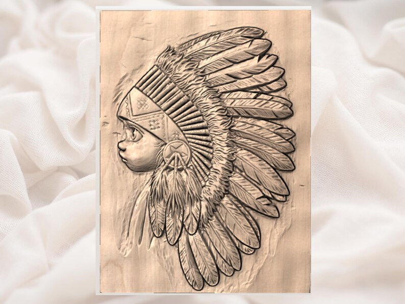 Native Headdress Portrait 3D Relief STL view 3