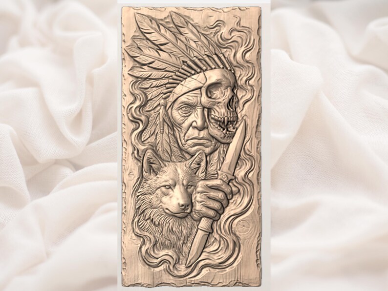 Native Warrior Skull Wolf 3D Relief STL view 3