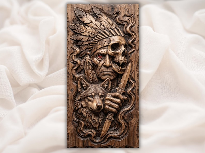 Native Warrior Skull Wolf 3D Relief STL bas-relief STL design