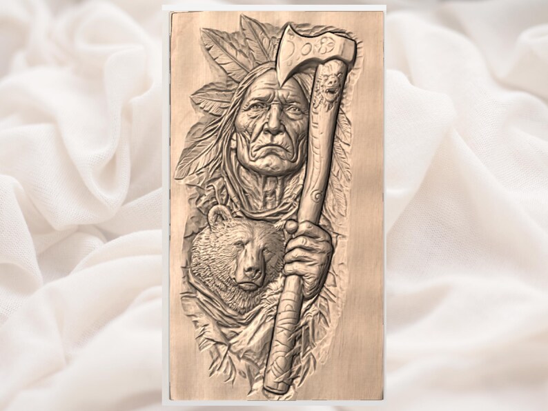 Native Warrior with Bear 3D Relief STL view 2