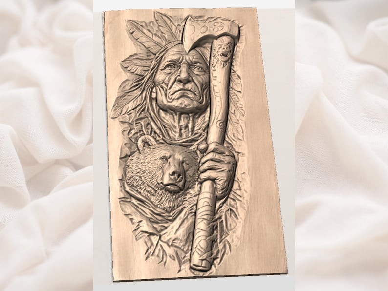 Native Warrior with Bear 3D Relief STL view 3
