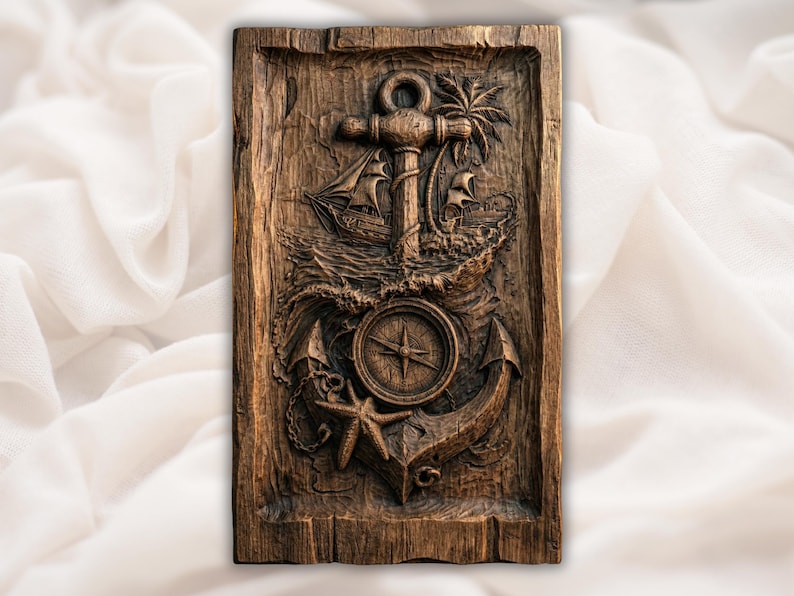 Nautical Anchor Compass 3D Relief STL File bas-relief STL
