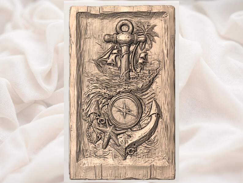 Nautical Anchor Compass 3D Relief STL File view 2