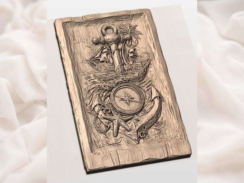 Nautical Anchor Compass 3D Relief STL File view 3