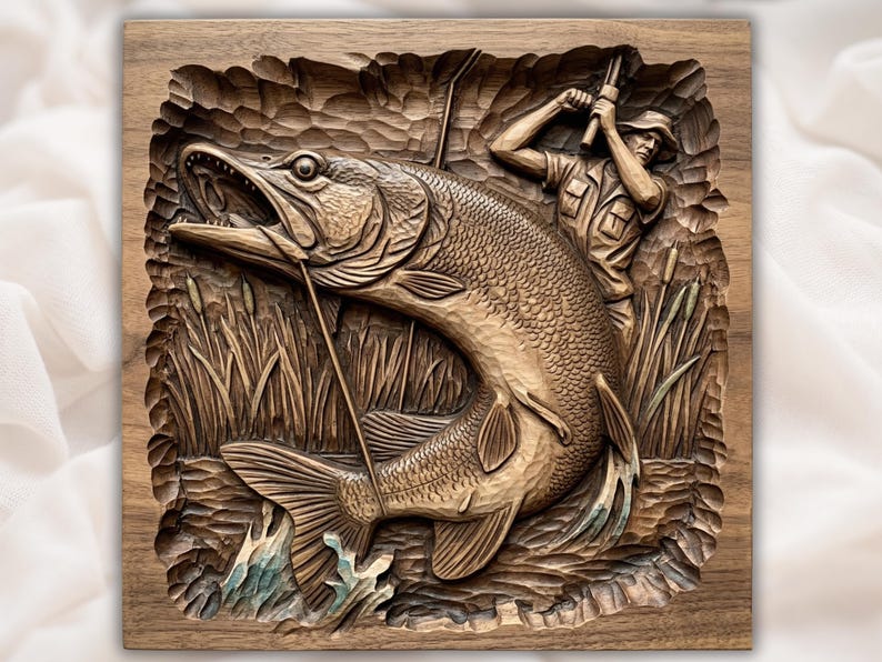 Northern Pike Fishing 3D Relief STL bas-relief STL design