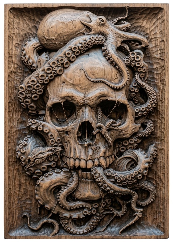 Oceanic Kraken Skull Maritime CNC Relief STL view 2