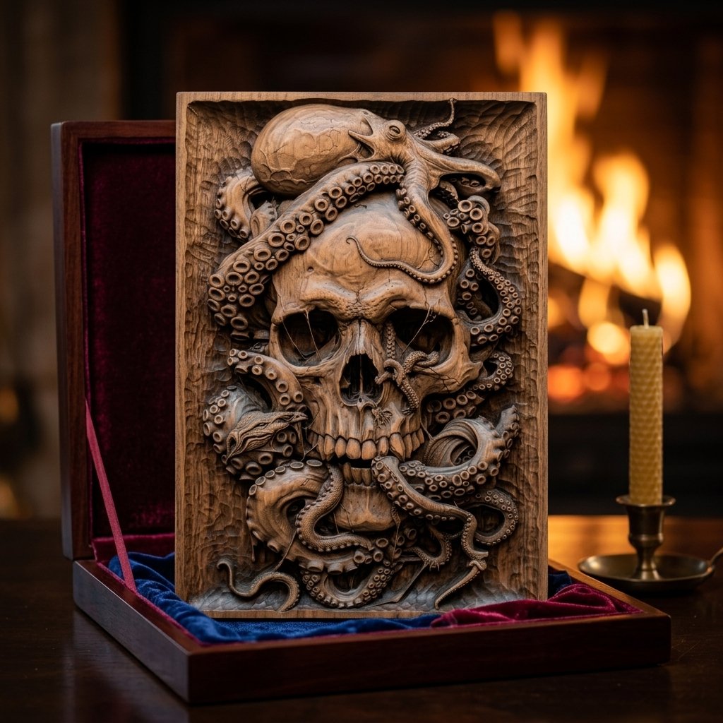 Oceanic Kraken Skull Maritime CNC Relief STL view 7