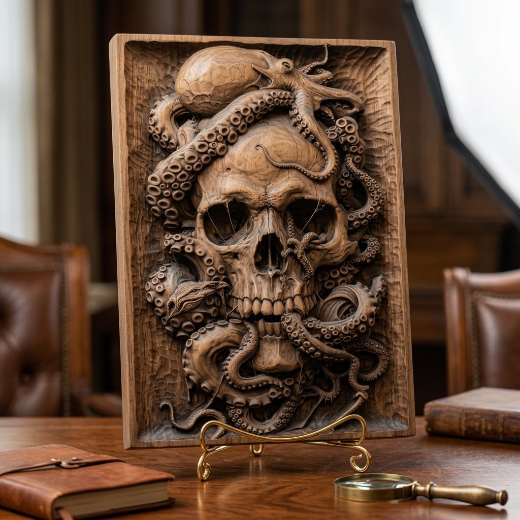 Oceanic Kraken Skull Maritime CNC Relief STL view 8