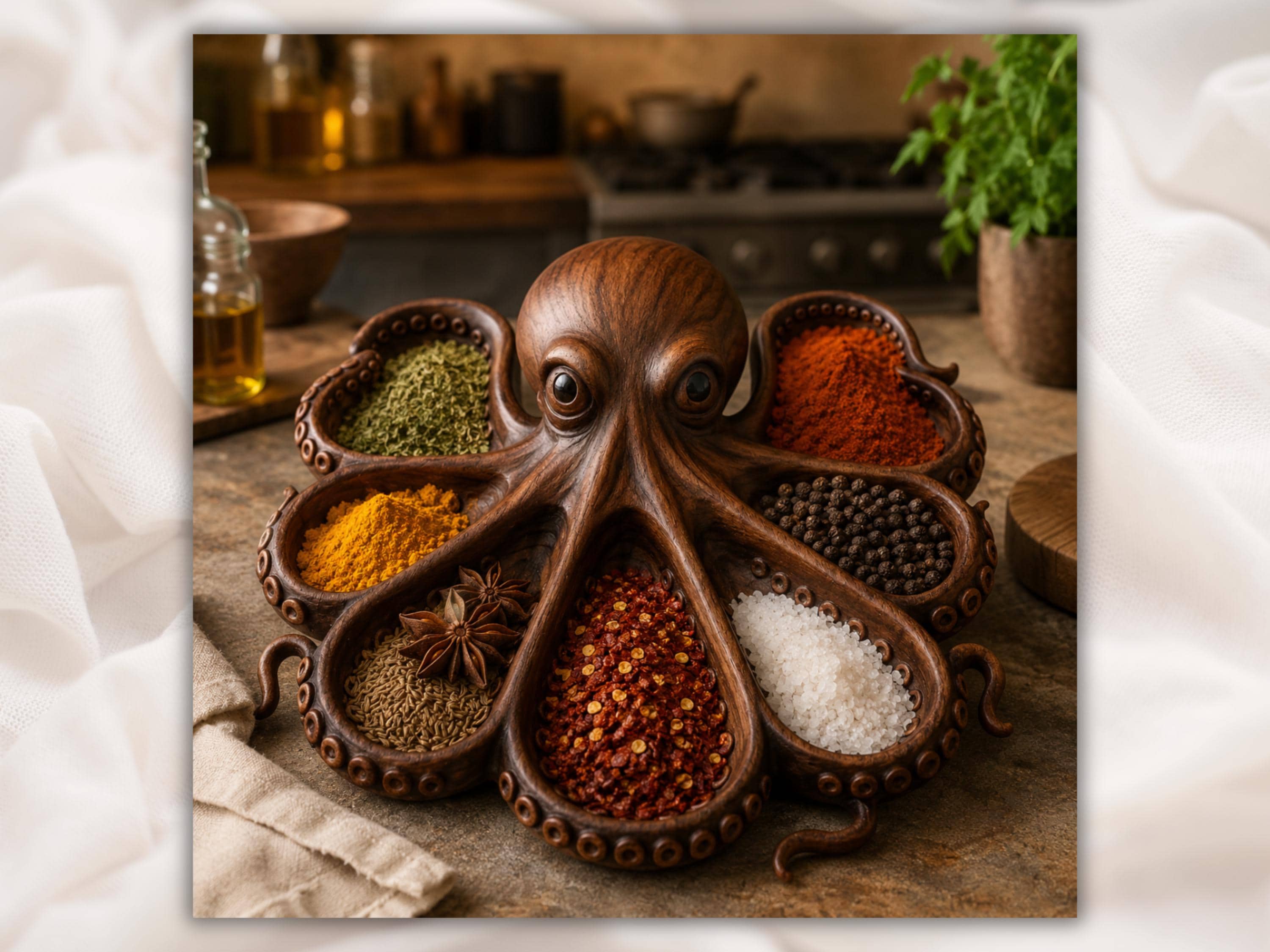 Octopus Spice Tray Bas-Relief STL with Eight Tentacle Wells bas-relief STL design