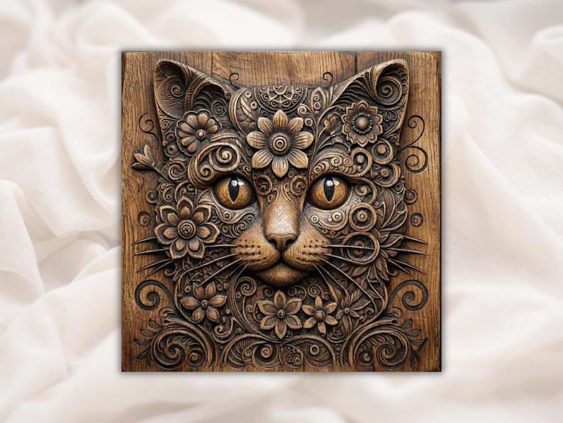 Ornate Floral Cat 3D Relief STL bas-relief STL