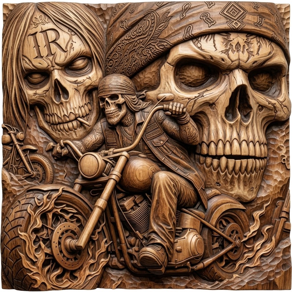 Outlaw Biker Skull Chopper Motorcycle CNC Relief STL bas-relief STL design