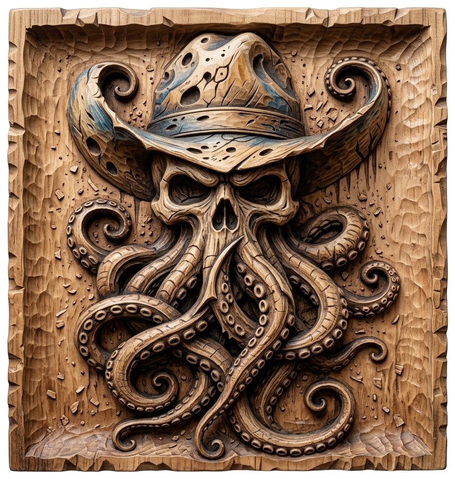 Outlaw Cowboy Kraken Skull CNC Relief STL view 2