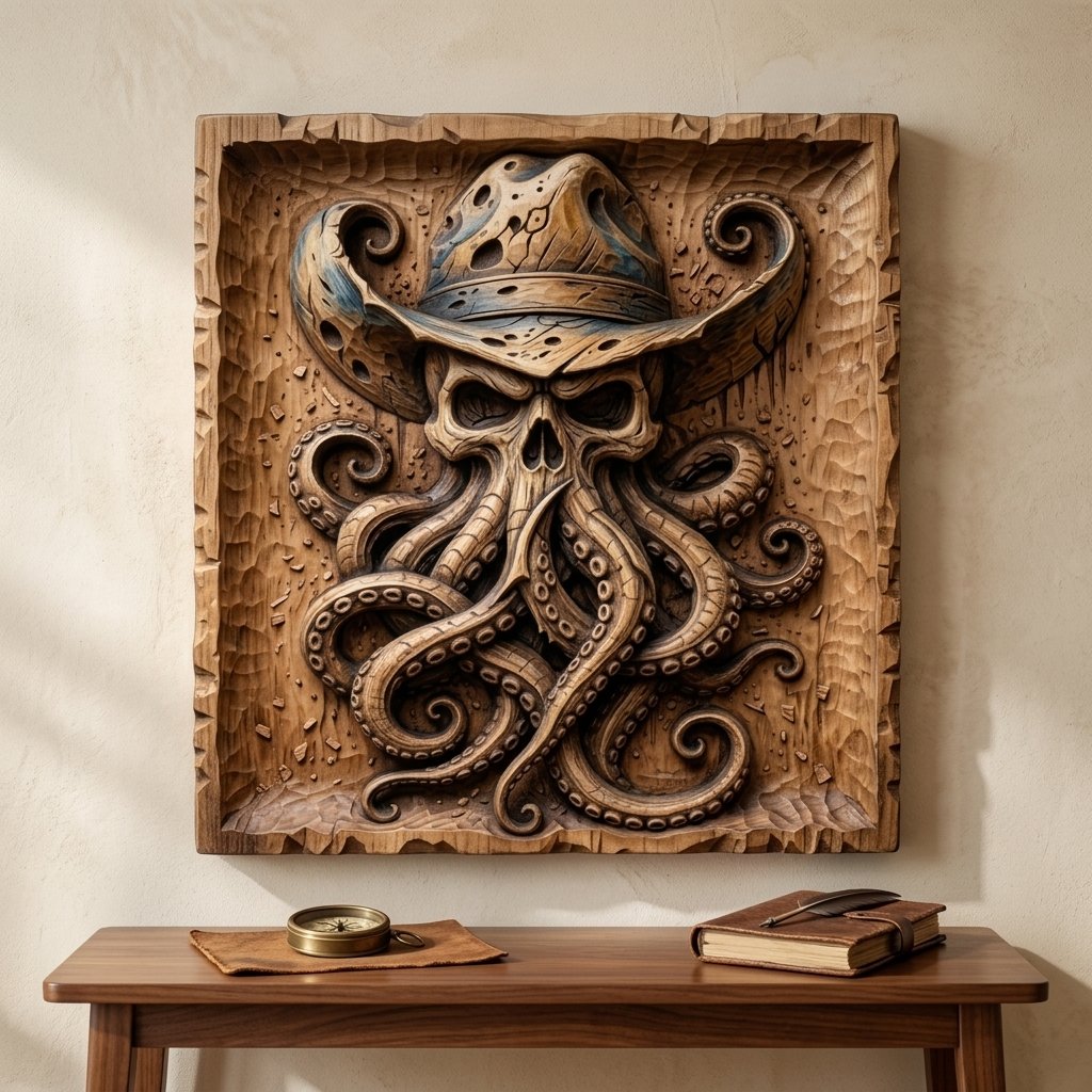 Outlaw Cowboy Kraken Skull CNC Relief STL view 6