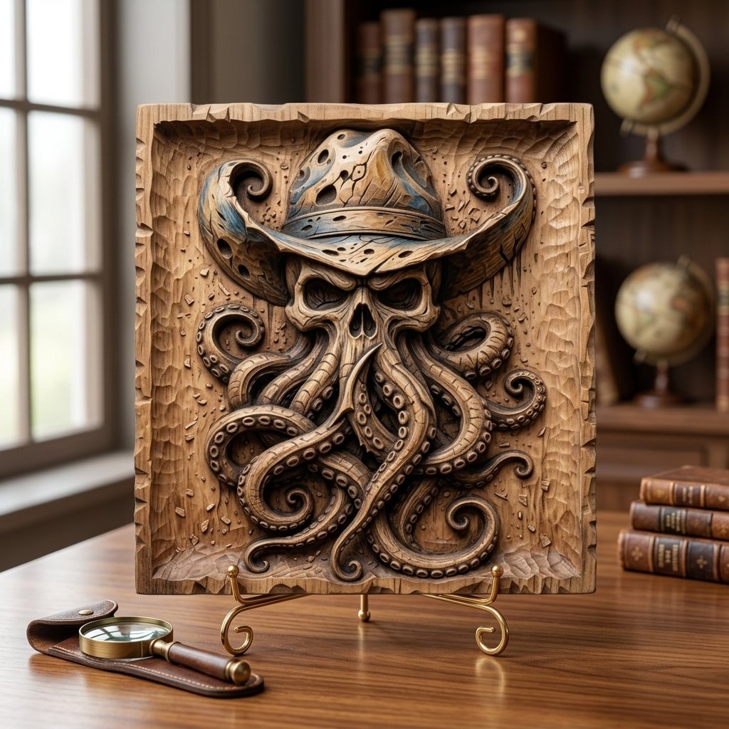 Outlaw Cowboy Kraken Skull CNC Relief STL view 7