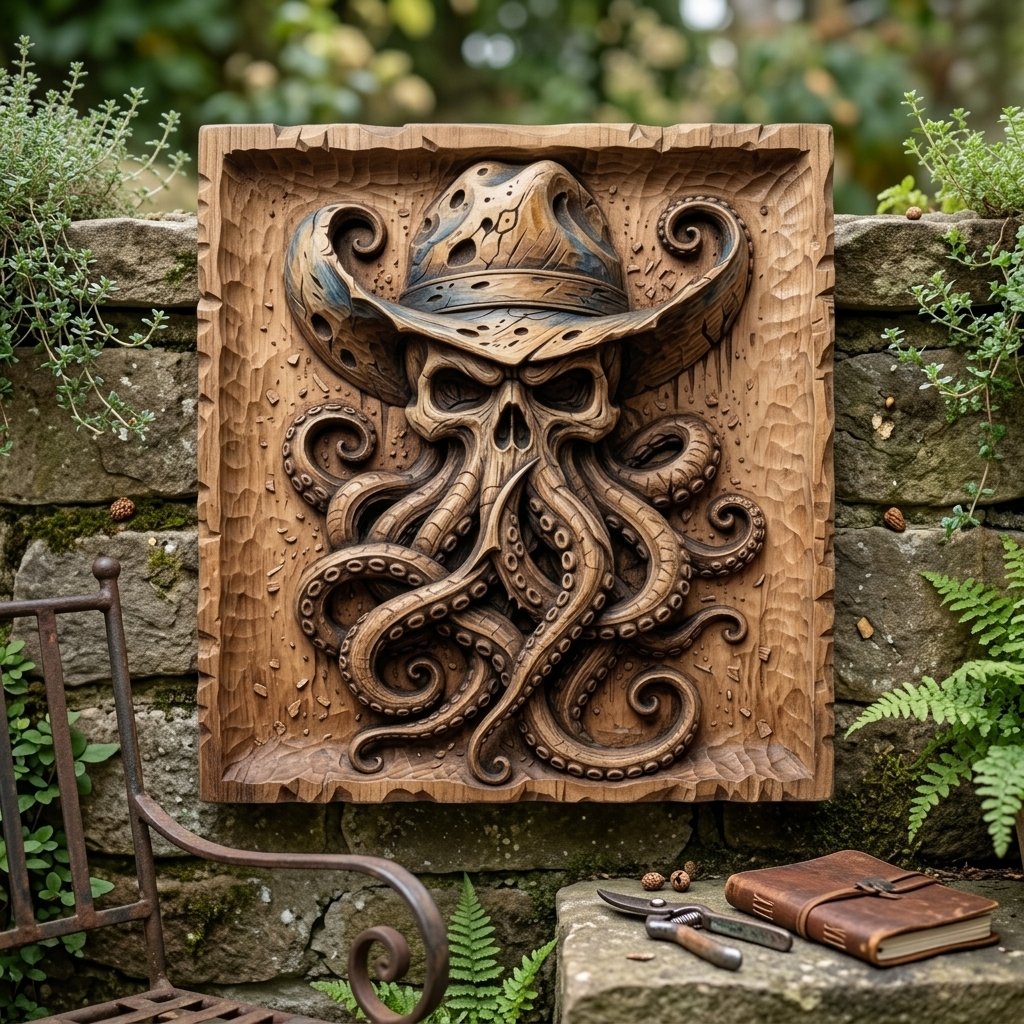 Outlaw Cowboy Kraken Skull CNC Relief STL view 8