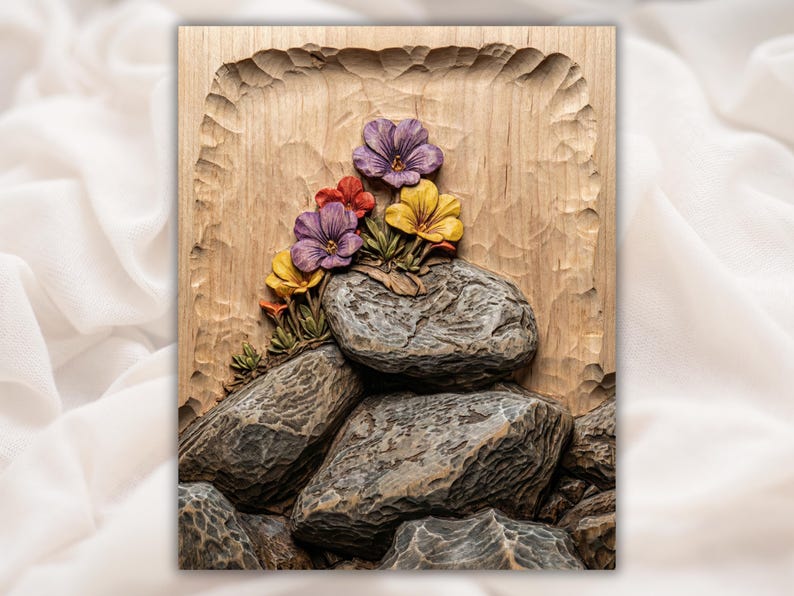 Pansy Flowers on Rocks Relief STL bas-relief STL design