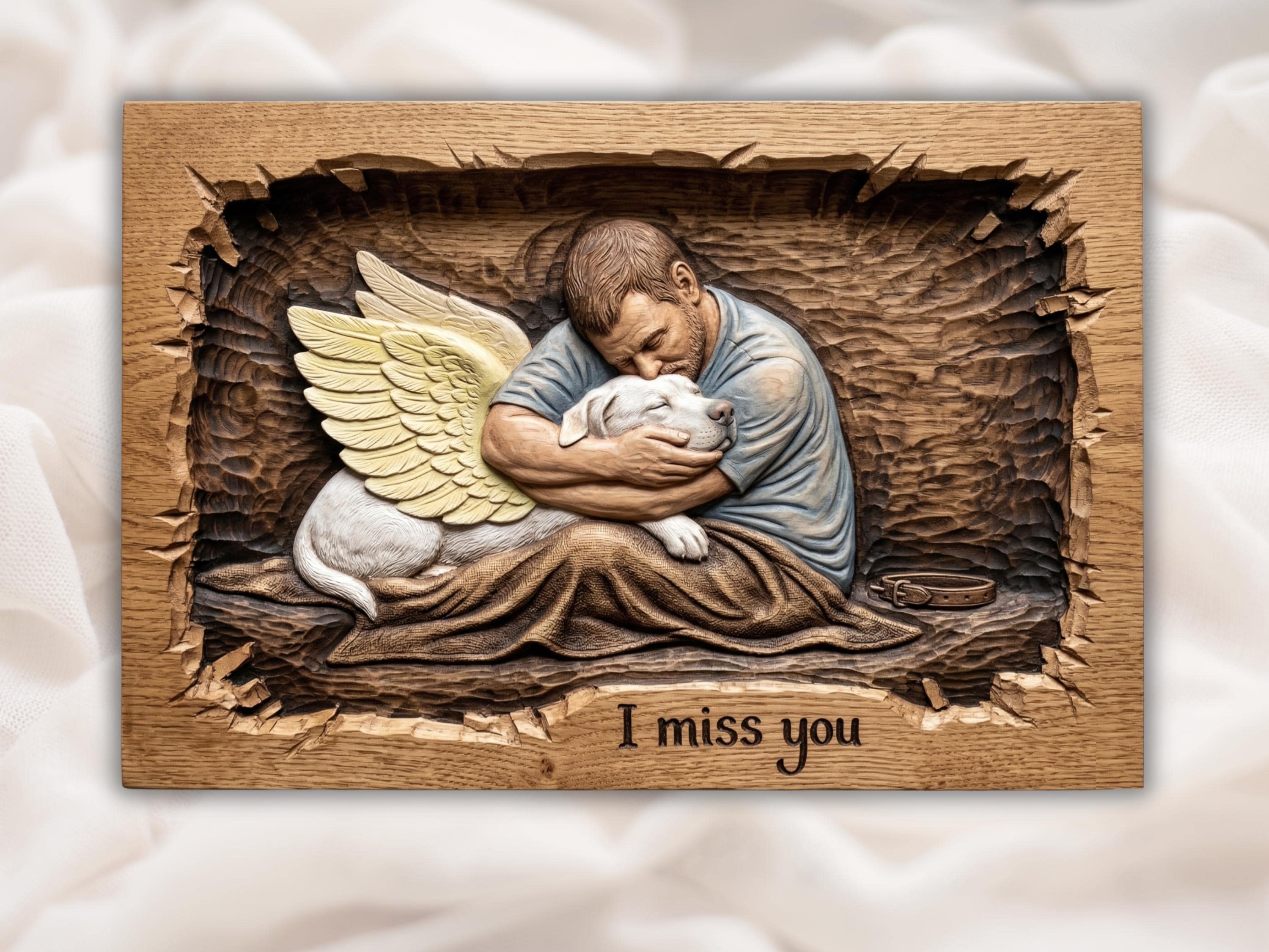 Man Hugging His Angel Dog Memorial Relief, I Miss You bas-relief STL design