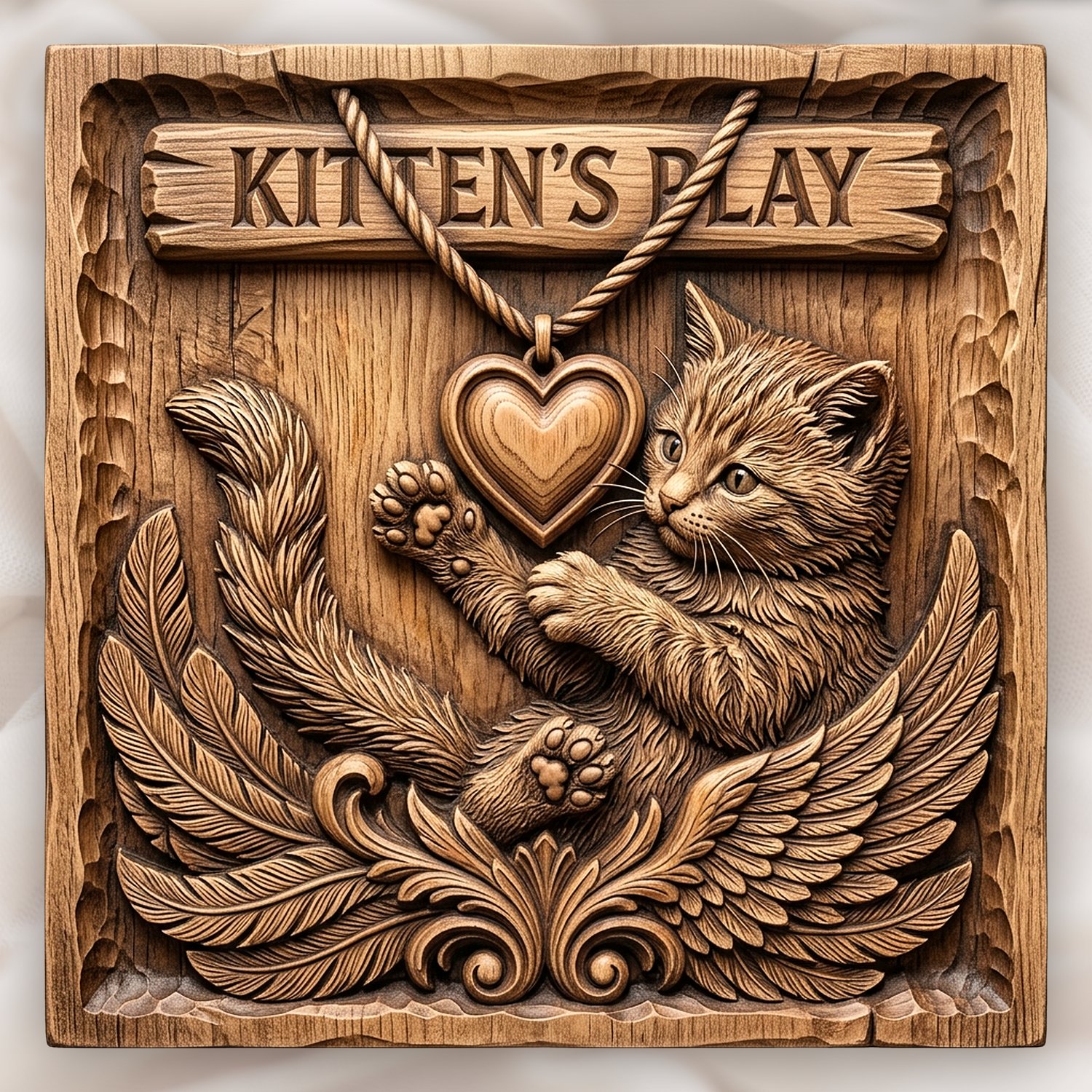 Playful Winged Kitten Heart Plaque CNC Relief STL