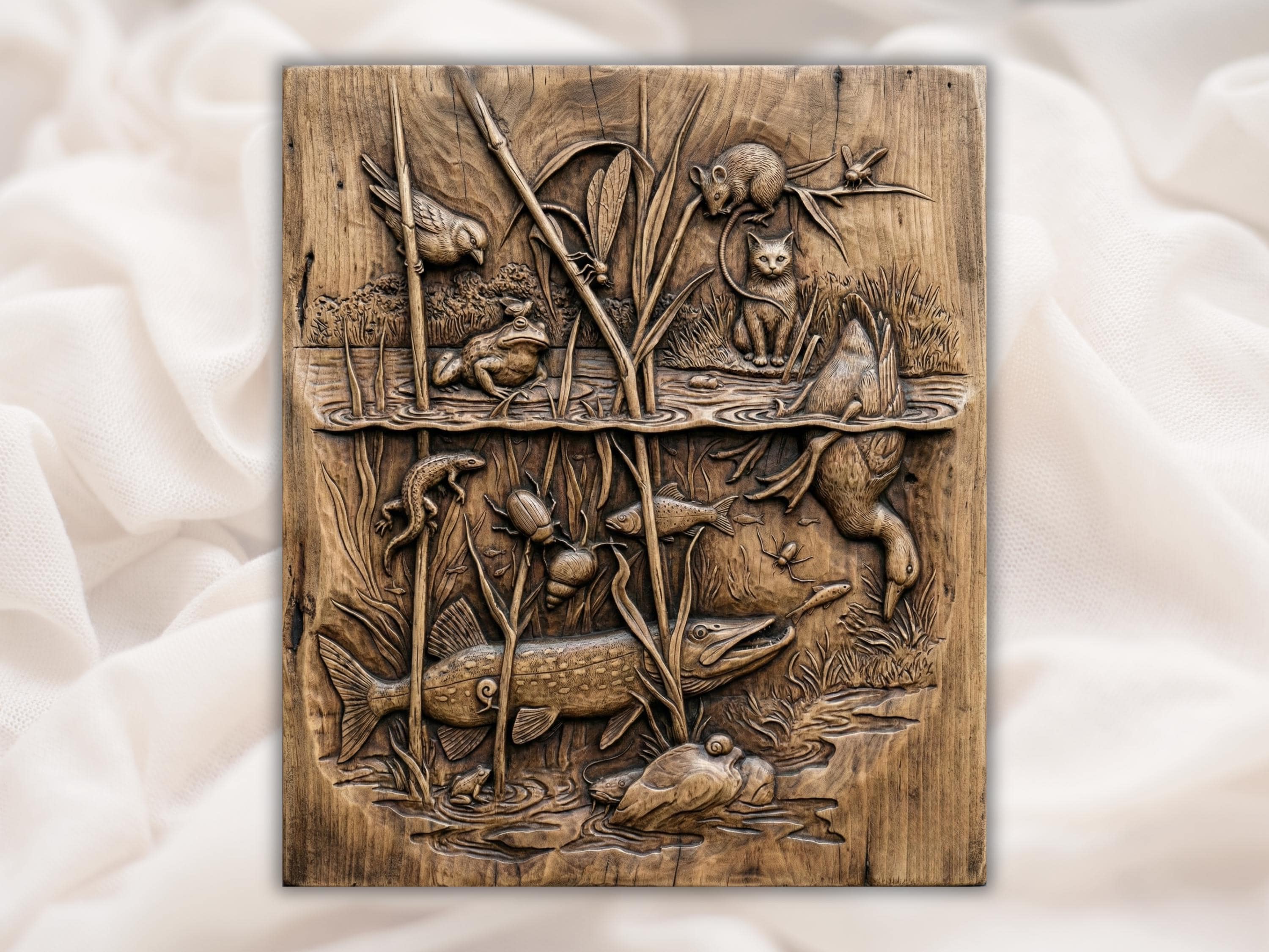Pond Life Above and Below STL: Pike, Frog, Cat, Dragonfly Relief bas-relief STL design