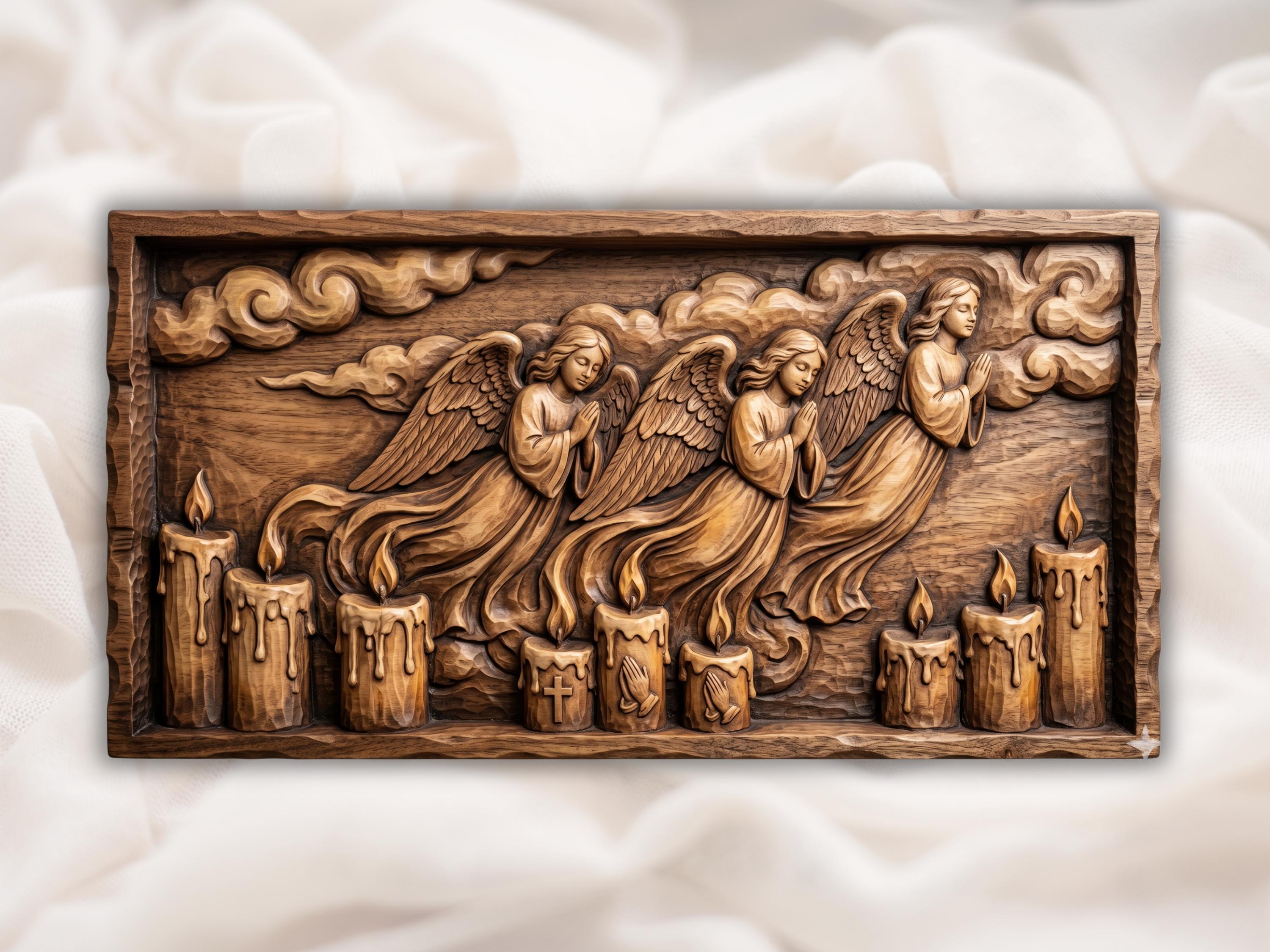 Praying Angels Over Candles Bas Relief STL Carving File bas-relief STL design