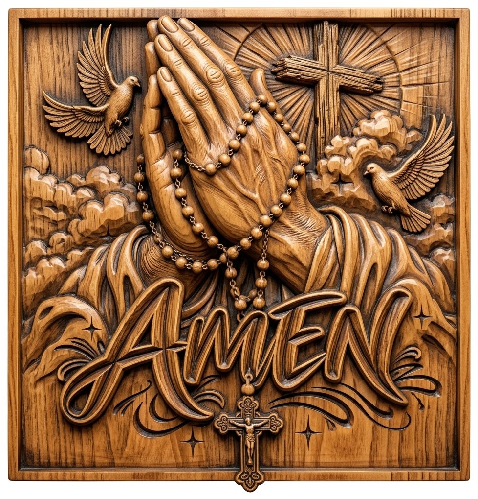 Praying Hands Rosary Cross Amen CNC Relief STL | Religious Wood Carvin