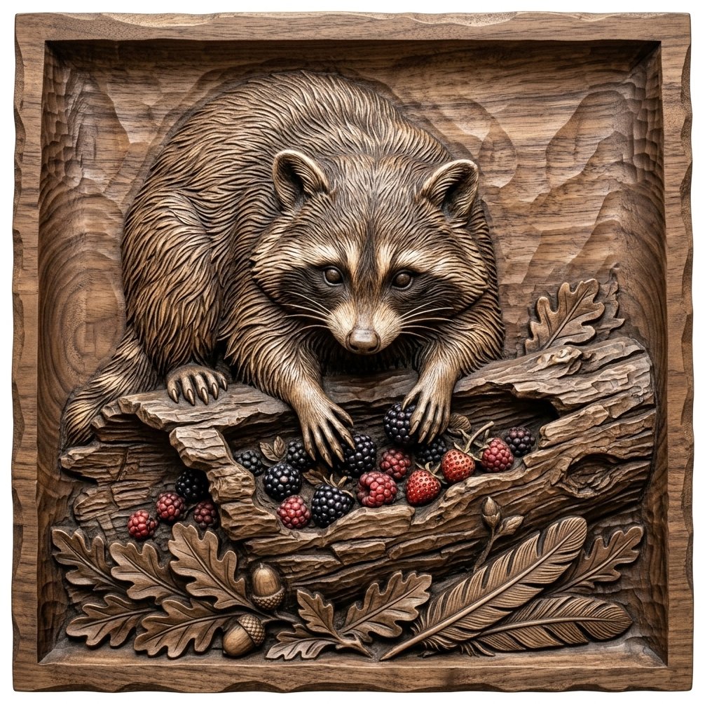 Raccoon Foraging Forest Scene CNC Relief STL bas-relief STL design